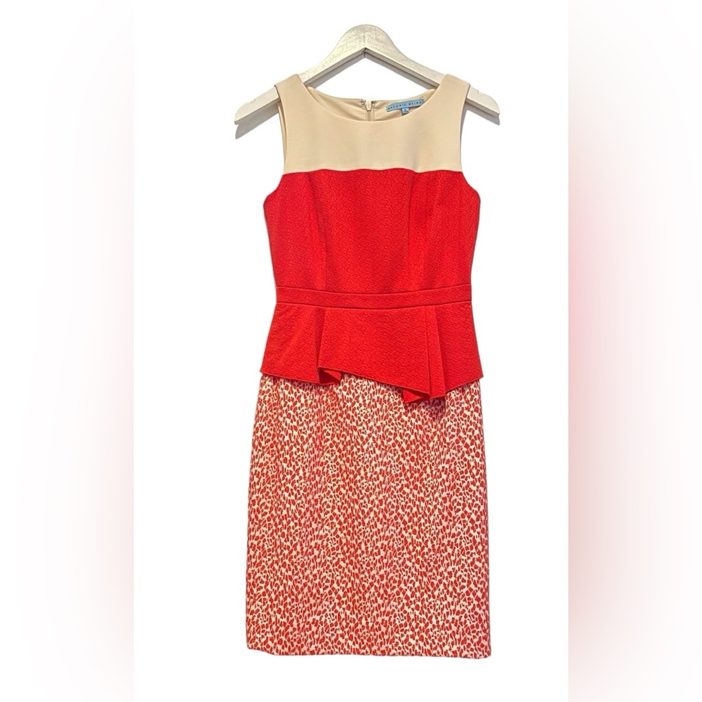 NWT ANTONIO MELANI Peplum Cream/Orange Sheath Dress Knee Length Back Slit Size 2